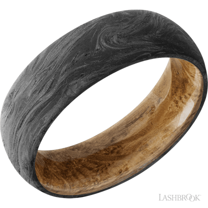 7 mm wide Domed Forged Carbon Fiber band featuring a Whiskey Barrel sleeve.
