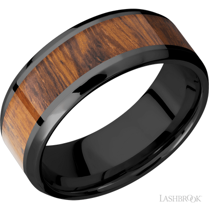 8 mm wide/Beveled/Zirconium band with one 5 mm Centered inlay of Desert Iron Wood.