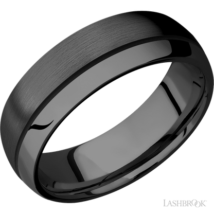 7 mm wide/Domed/Zirconium band with one 0.5 mm Off Center inlay of Black.