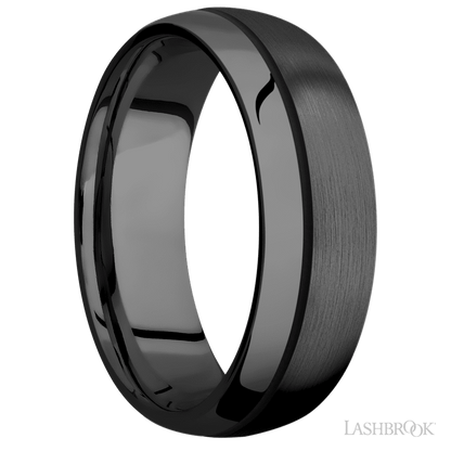 7 mm wide/Domed/Zirconium band with one 0.5 mm Off Center inlay of Black.