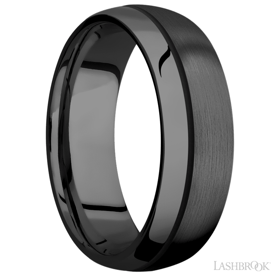 7 mm wide/Domed/Zirconium band with one 0.5 mm Off Center inlay of Black.