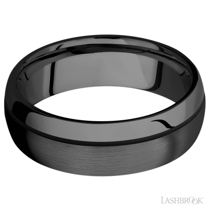 7 mm wide/Domed/Zirconium band with one 0.5 mm Off Center inlay of Black.