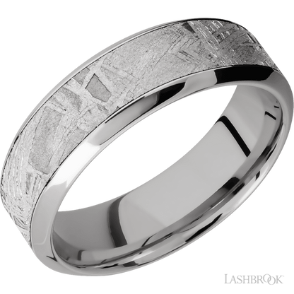 7 mm wide/High Bevel/18K White Gold band with one 4 mm Centered inlay of Meteorite.
