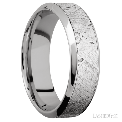 7 mm wide/High Bevel/18K White Gold band with one 4 mm Centered inlay of Meteorite.