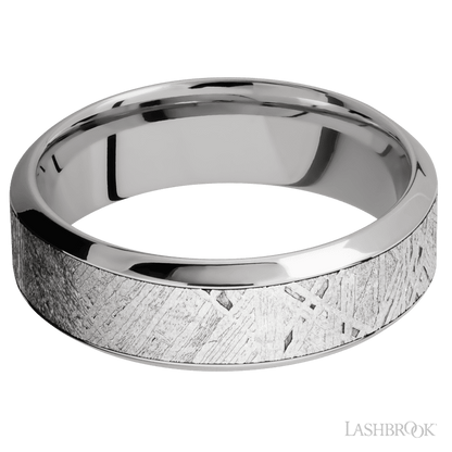 7 mm wide/High Bevel/18K White Gold band with one 4 mm Centered inlay of Meteorite.