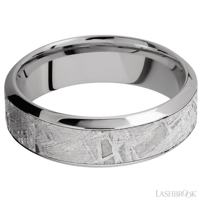 7 mm wide/High Bevel/18K White Gold band with one 4 mm Centered inlay of Meteorite.