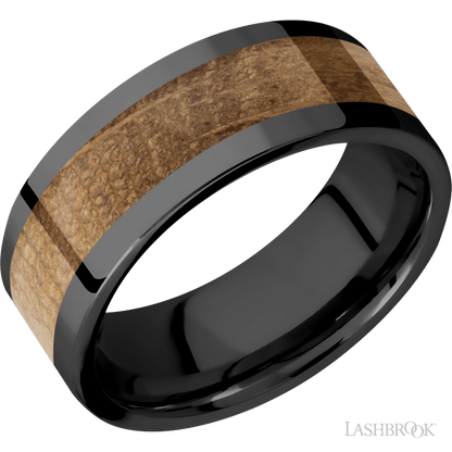 8 mm wide/Flat/Zirconium band with one 5 mm Centered inlay of Whiskey Barrel.