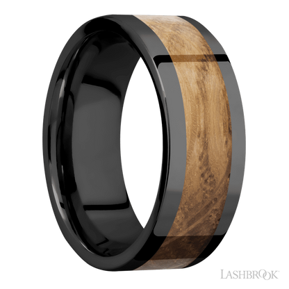 8 mm wide/Flat/Zirconium band with one 5 mm Centered inlay of Whiskey Barrel.