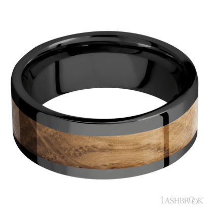 8 mm wide/Flat/Zirconium band with one 5 mm Centered inlay of Whiskey Barrel.