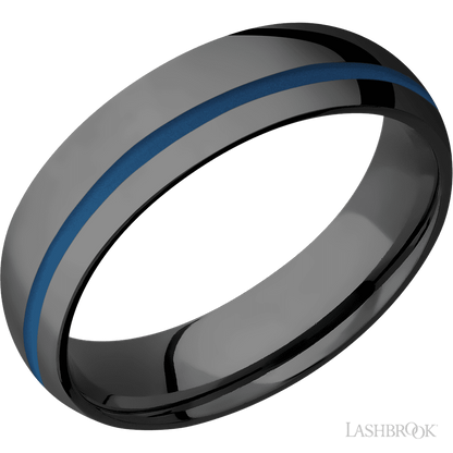 6 mm wide/Domed/Zirconium band with one 1 mm Off Center inlay of Ridgeway Blue.