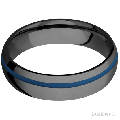 6 mm wide/Domed/Zirconium band with one 1 mm Off Center inlay of Ridgeway Blue.
