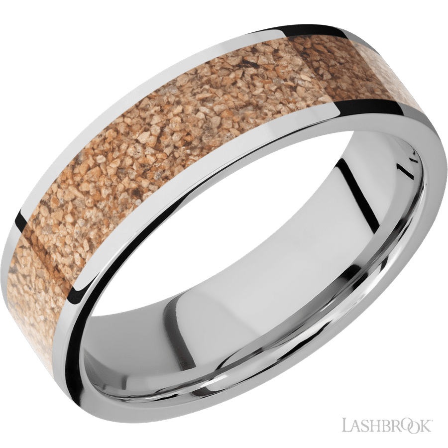 7 mm wide/Flat/Cobalt Chrome band with one 5 mm Centered inlay of Dinosaur Bone Tan.