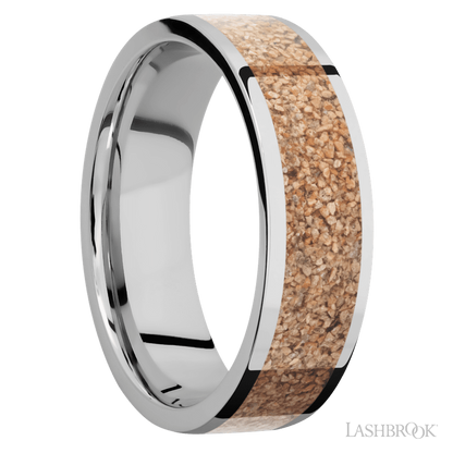 7 mm wide/Flat/Cobalt Chrome band with one 5 mm Centered inlay of Dinosaur Bone Tan.
