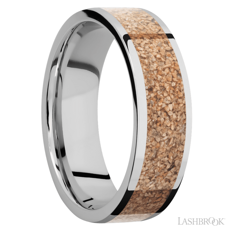 7 mm wide/Flat/Cobalt Chrome band with one 5 mm Centered inlay of Dinosaur Bone Tan.