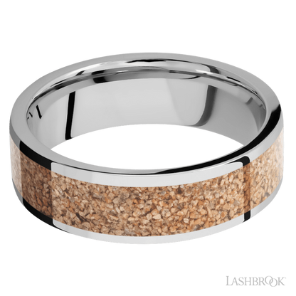 7 mm wide/Flat/Cobalt Chrome band with one 5 mm Centered inlay of Dinosaur Bone Tan.