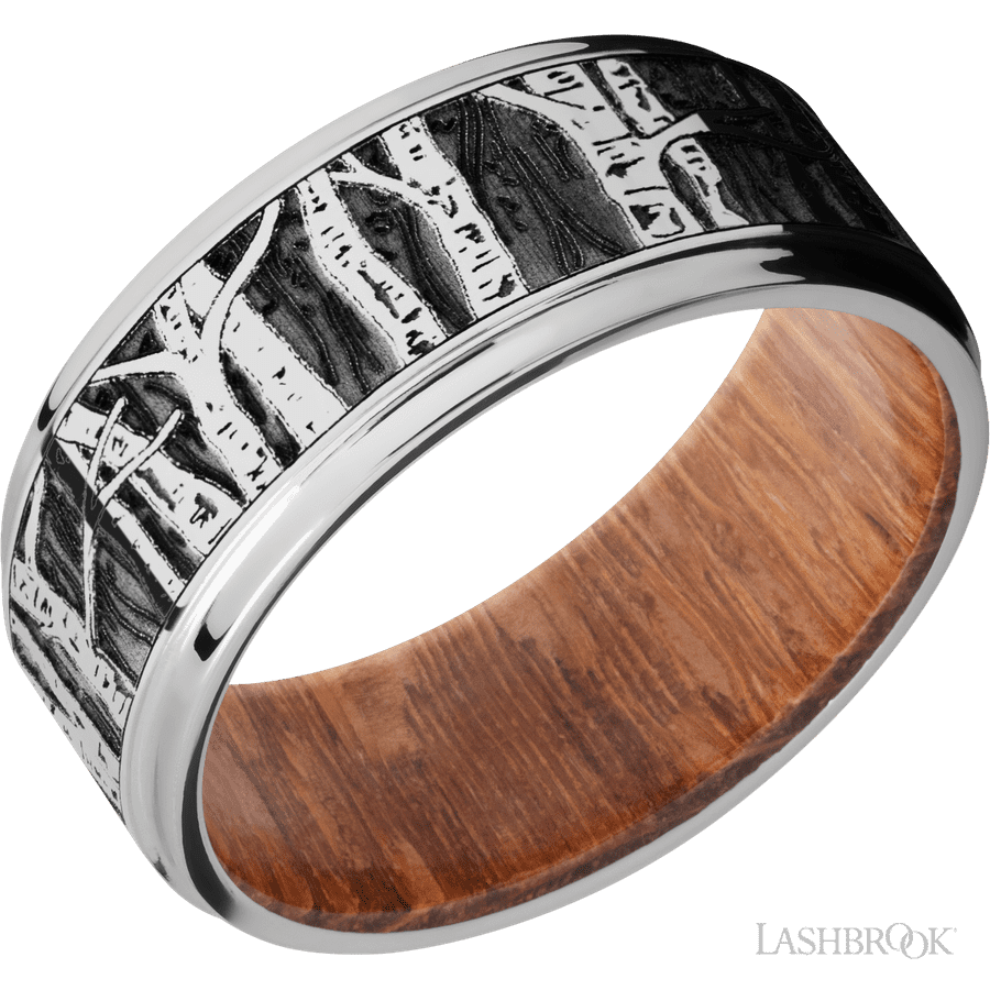 9 mm wide/Flat Grooved Edges/Cobalt Chrome band with a laser carved Aspen pattern also featuring a Leopard Wood sleeve.