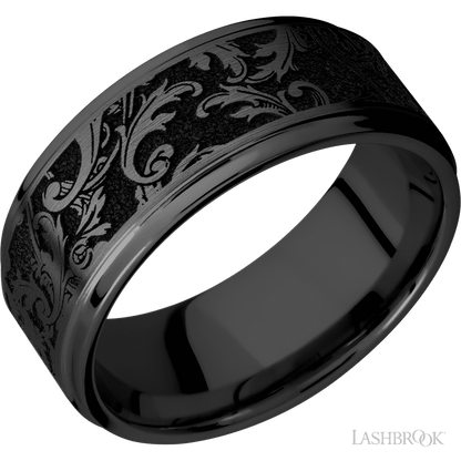 9 mm wide/Flat Grooved Edges/Zirconium band with a laser carved Black Leaf pattern.