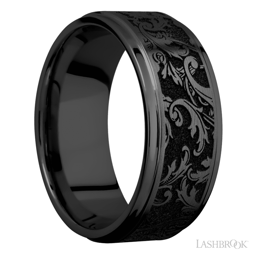9 mm wide/Flat Grooved Edges/Zirconium band with a laser carved Black Leaf pattern.