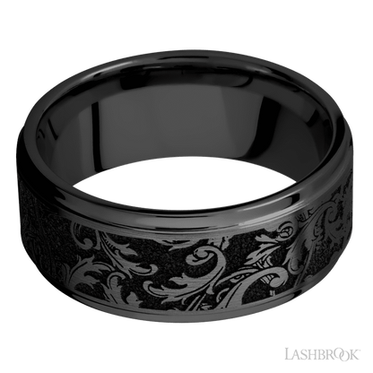 9 mm wide/Flat Grooved Edges/Zirconium band with a laser carved Black Leaf pattern.