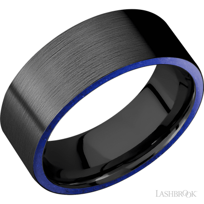8 mm wide/Flat/Zirconium band with two 1 mm Side inlays of Lapis.