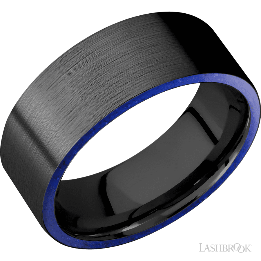 8 mm wide/Flat/Zirconium band with two 1 mm Side inlays of Lapis.