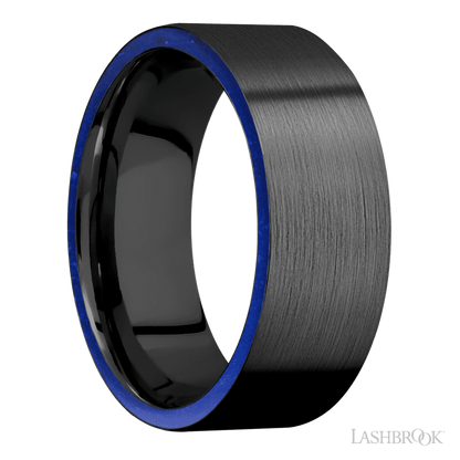 8 mm wide/Flat/Zirconium band with two 1 mm Side inlays of Lapis.