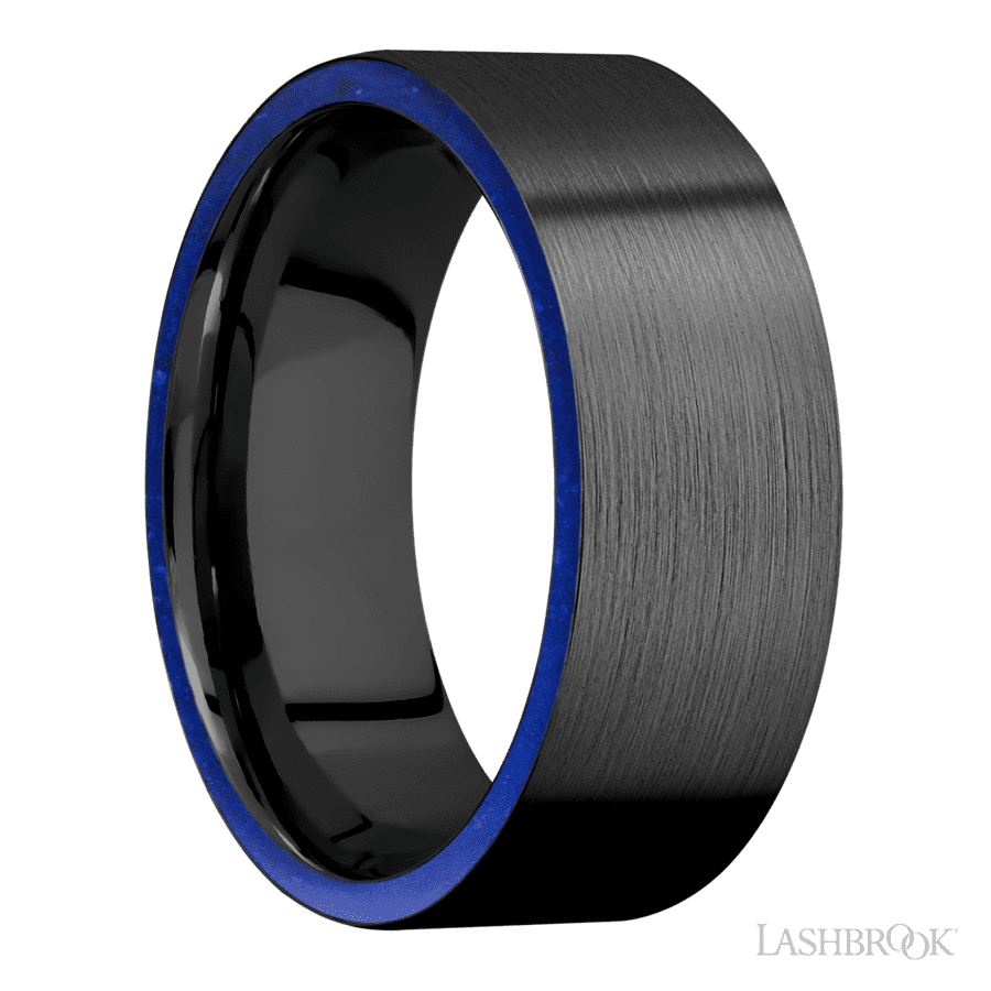 8 mm wide/Flat/Zirconium band with two 1 mm Side inlays of Lapis.