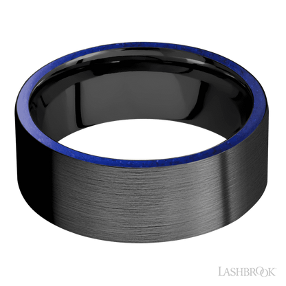 8 mm wide/Flat/Zirconium band with two 1 mm Side inlays of Lapis.