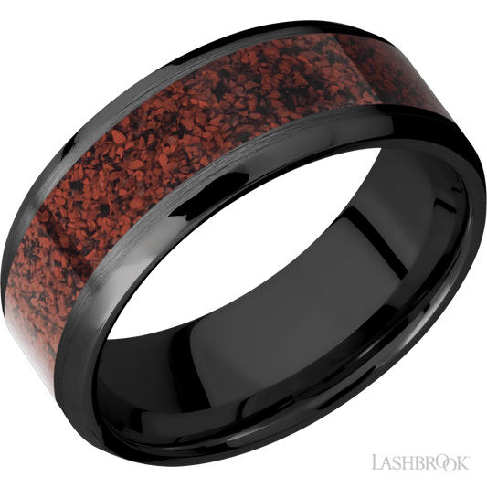Lashbrook 8mm Beveled Zirconium Wedding Band — Dinosaur Bone Red Inlay