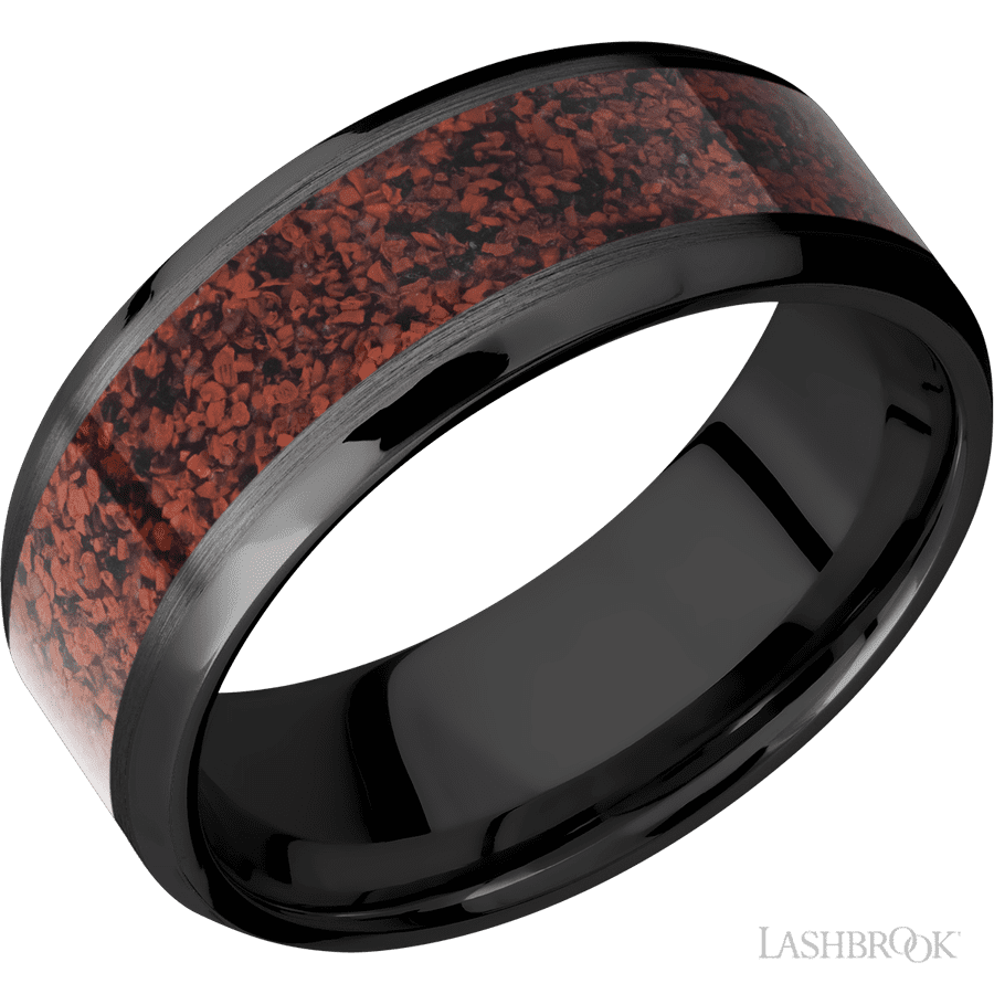 8 mm wide/Beveled/Zirconium band with one 5 mm Centered inlay of Dinosaur Bone Red.