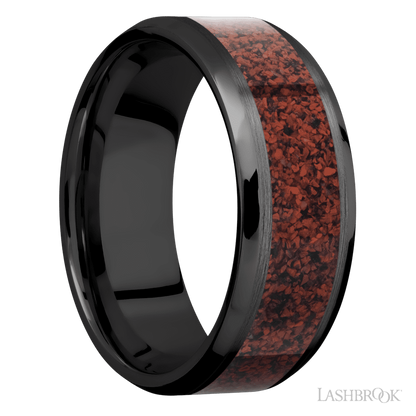 8 mm wide/Beveled/Zirconium band with one 5 mm Centered inlay of Dinosaur Bone Red.