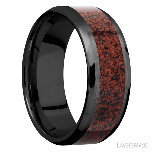 Lashbrook 8mm Beveled Zirconium Wedding Band — Dinosaur Bone Red Inlay
