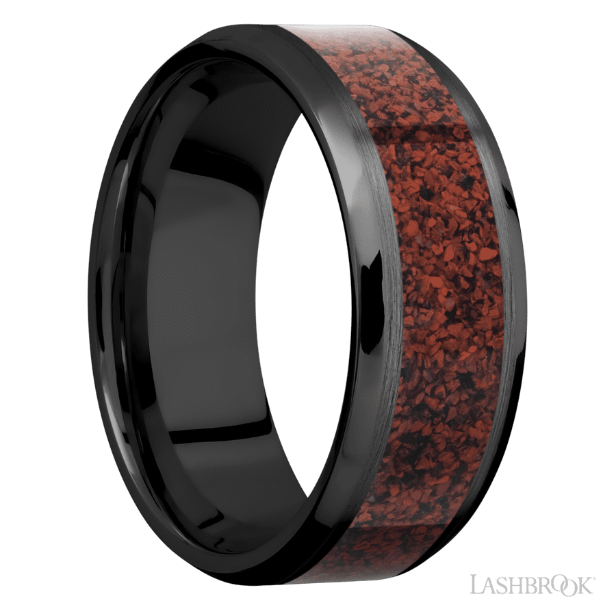 8 mm wide/Beveled/Zirconium band with one 5 mm Centered inlay of Dinosaur Bone Red.