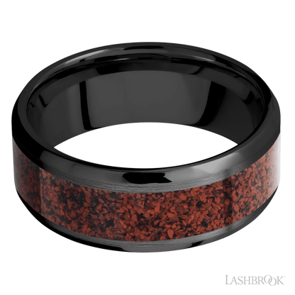 8 mm wide/Beveled/Zirconium band with one 5 mm Centered inlay of Dinosaur Bone Red.