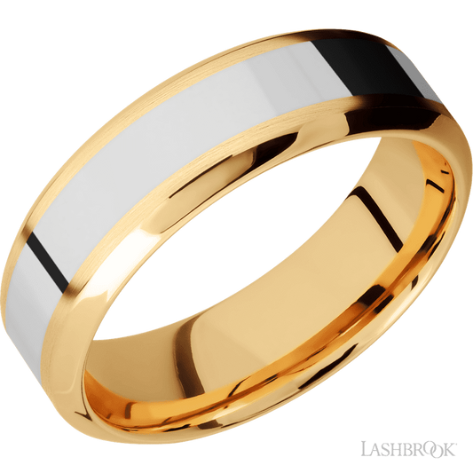 7 mm wide/High Bevel/14K Yellow Gold band with one 3 mm Centered inlay of 14K White Gold.