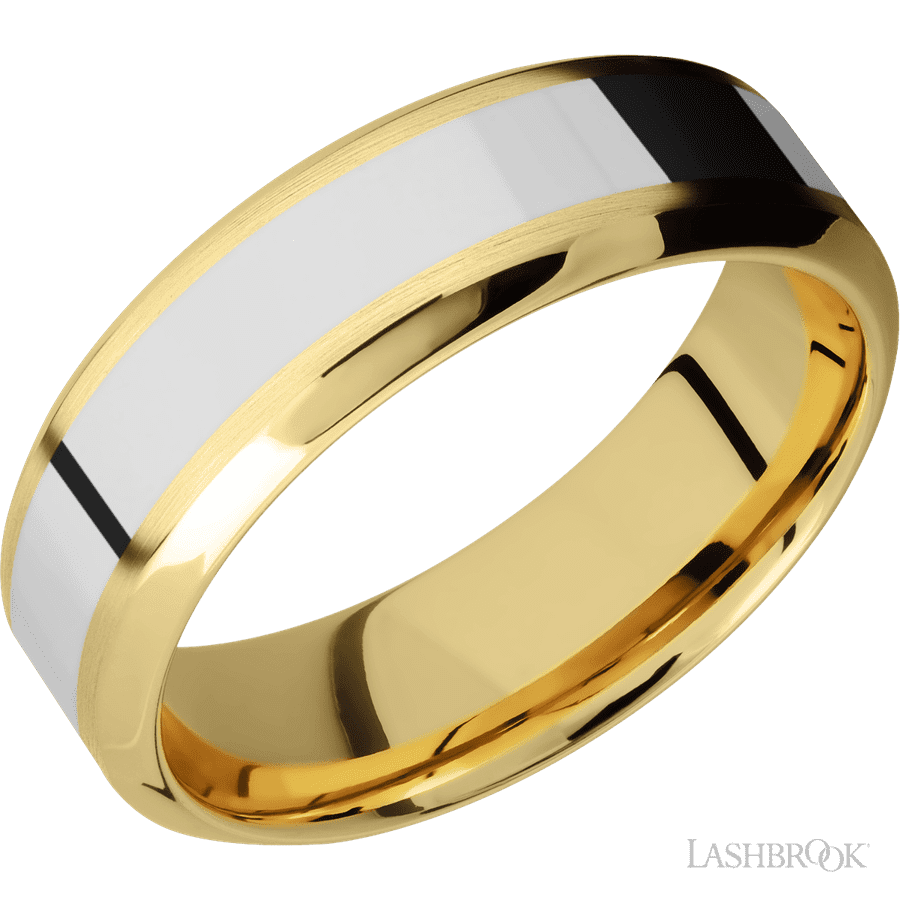 7 mm wide/High Bevel/14K Yellow Gold band with one 3 mm Centered inlay of 14K White Gold.
