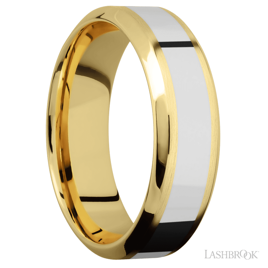 7 mm wide/High Bevel/14K Yellow Gold band with one 3 mm Centered inlay of 14K White Gold.