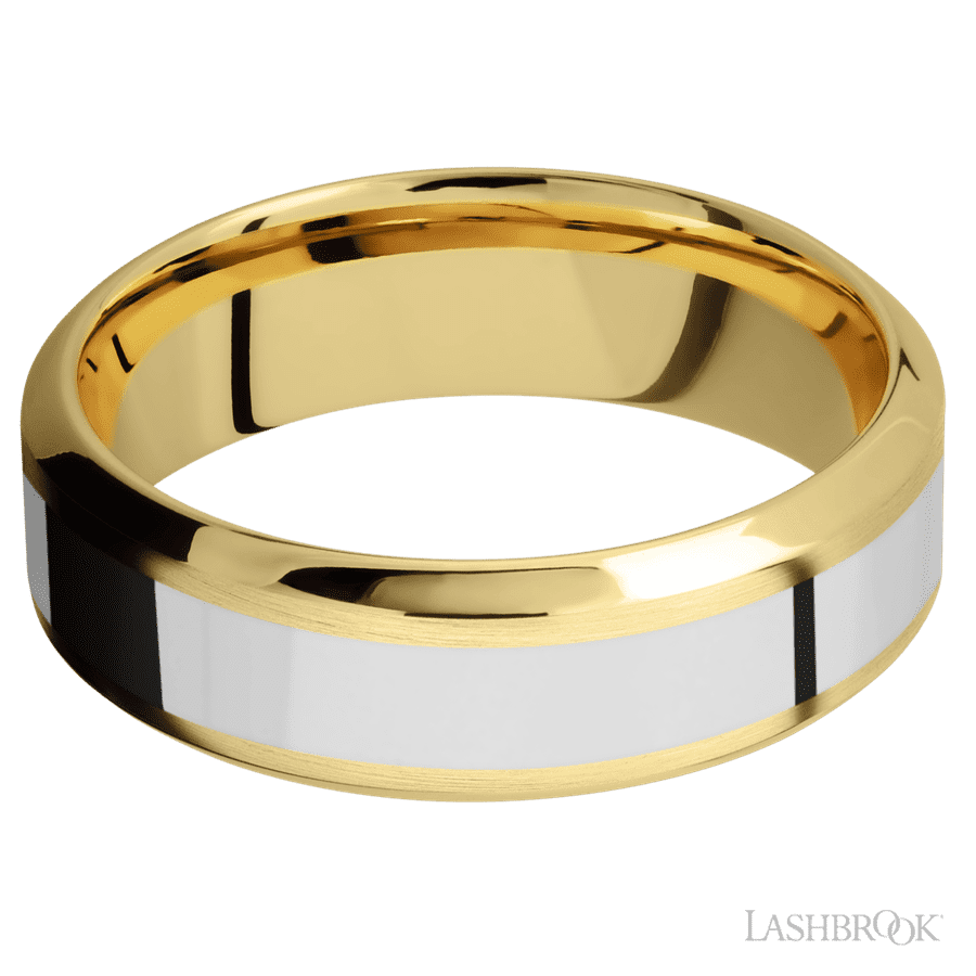 7 mm wide/High Bevel/14K Yellow Gold band with one 3 mm Centered inlay of 14K White Gold.