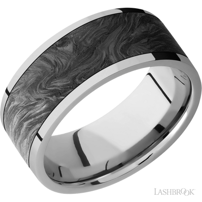9 mm wide/Flat/Titanium band with one 7 mm Centered inlay of Forged Carbon Fiber.