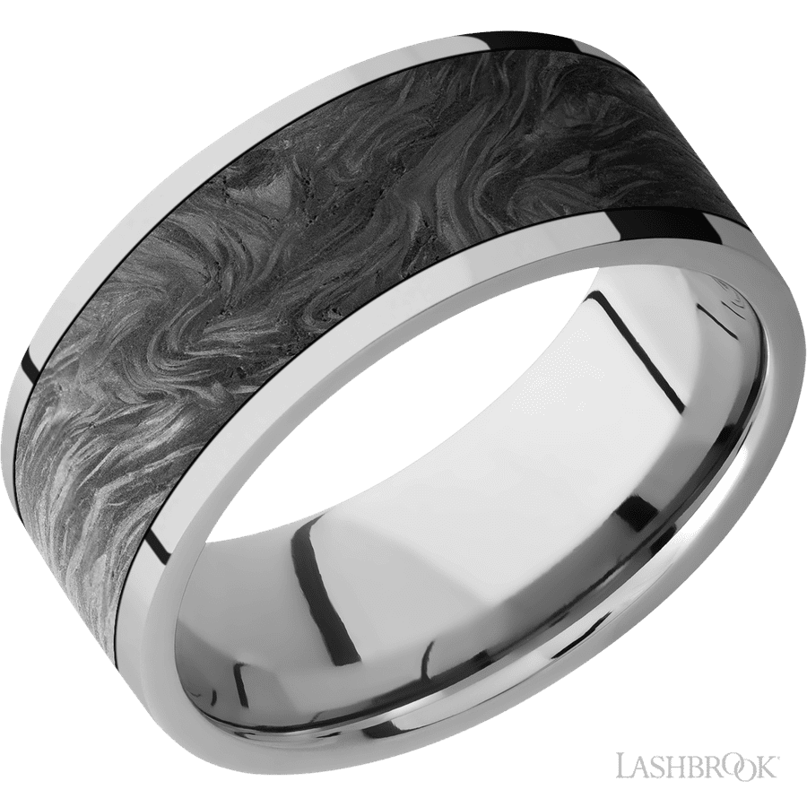 9 mm wide/Flat/Titanium band with one 7 mm Centered inlay of Forged Carbon Fiber.