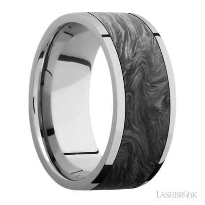 9 mm wide/Flat/Titanium band with one 7 mm Centered inlay of Forged Carbon Fiber.