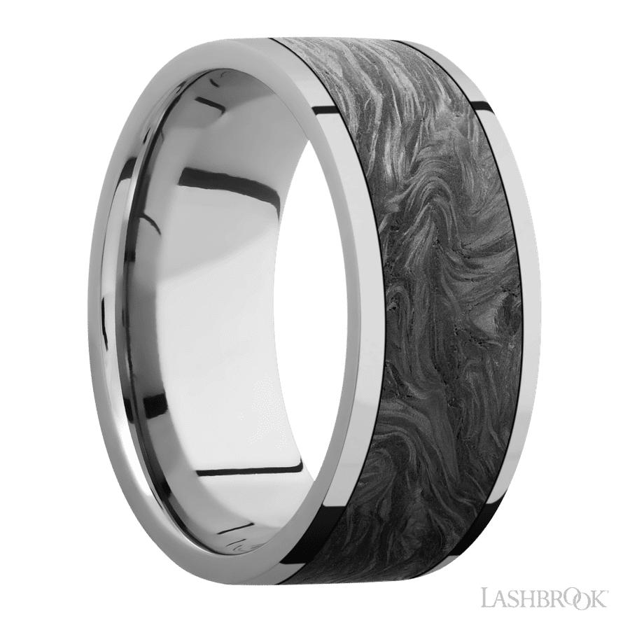 9 mm wide/Flat/Titanium band with one 7 mm Centered inlay of Forged Carbon Fiber.