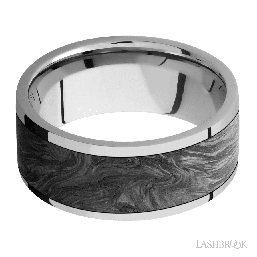 9 mm wide/Flat/Titanium band with one 7 mm Centered inlay of Forged Carbon Fiber.