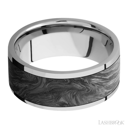 9 mm wide/Flat/Titanium band with one 7 mm Centered inlay of Forged Carbon Fiber.
