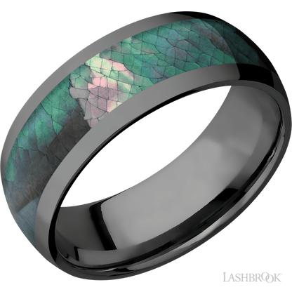 8 mm wide/Domed/Zirconium band with one 5 mm Centered inlay of Black Mother of Pearl.