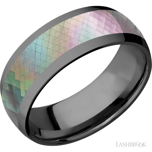 Lashbrook 8mm Domed Zirconium Wedding Band — Black Mother of Pearl Inlay