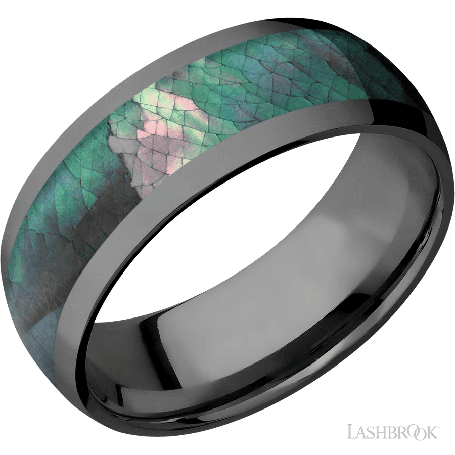 8 mm wide/Domed/Zirconium band with one 5 mm Centered inlay of Black Mother of Pearl.