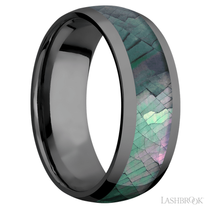 8 mm wide/Domed/Zirconium band with one 5 mm Centered inlay of Black Mother of Pearl.