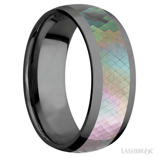 Lashbrook 8mm Domed Zirconium Wedding Band — Black Mother of Pearl Inlay