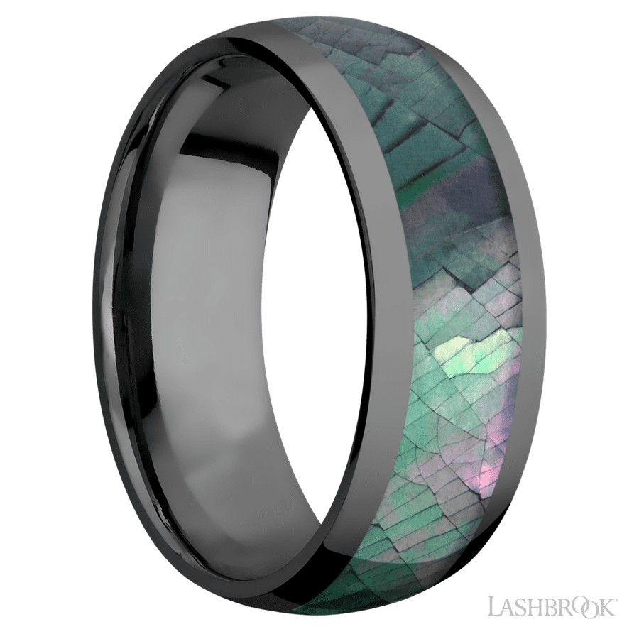 8 mm wide/Domed/Zirconium band with one 5 mm Centered inlay of Black Mother of Pearl.